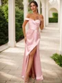 Sheath/Column Silk Like Satin Ruched Off-the-Shoulder Sleeveless Floor-Length Bridesmaid Dresses