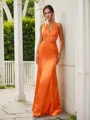 Sheath/Column Silk Like Satin Ruched V-neck Sleeveless Floor-Length Bridesmaid Dresses