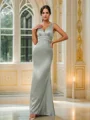 Sheath/Column Silk Like Satin Ruched V-neck Sleeveless Floor-Length Bridesmaid Dresses