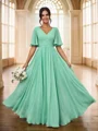 A-Line/Princess Chiffon Ruched V-neck Short Sleeves Floor-Length Bridesmaid Dresses
