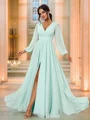 A-Line/Princess Chiffon Ruched V-neck Long Sleeves Floor-Length Bridesmaid Dresses