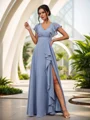 A-Line/Princess Chiffon Ruffles V-neck Short Sleeves Floor-Length Bridesmaid Dresses