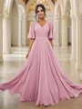A-Line/Princess Chiffon Ruched V-neck Short Sleeves Floor-Length Bridesmaid Dresses