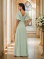 A-Line/Princess Chiffon Ruffles V-neck Short Sleeves Floor-Length Bridesmaid Dresses