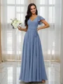 A-Line/Princess Chiffon V-neck Short Sleeves Floor-Length Bridesmaid Dresses
