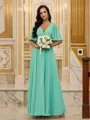 A-Line/Princess Chiffon Ruched V-neck Short Sleeves Floor-Length Bridesmaid Dresses