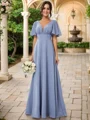 A-Line/Princess Chiffon Ruched V-neck Short Sleeves Floor-Length Bridesmaid Dresses