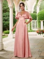 A-Line/Princess Silk Like Satin V-neck Short Sleeves Floor-Length Bridesmaid Dresses