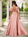 A-Line/Princess Silk Like Satin V-neck Short Sleeves Floor-Length Bridesmaid Dresses