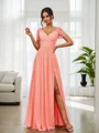 A-Line/Princess Chiffon Ruched V-neck Short Sleeves Floor-Length Bridesmaid Dresses