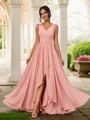 A-Line/Princess Chiffon Ruched V-neck Sleeveless Asymmetrical Bridesmaid Dresses