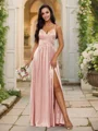 A-Line/Princess Silk Like Satin Ruched V-neck Sleeveless Floor-Length Bridesmaid Dresses