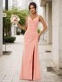 Sheath/Column Chiffon Ruched V-neck Sleeveless Floor-Length Bridesmaid Dresses