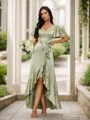 A-Line/Princess Silk Like Satin Ruffles V-neck Short Sleeves Asymmetrical Bridesmaid Dresses