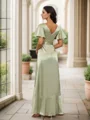 A-Line/Princess Silk Like Satin Ruffles V-neck Short Sleeves Asymmetrical Bridesmaid Dresses