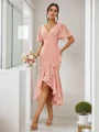 Sheath/Column Chiffon Ruffles V-neck Short Sleeves Asymmetrical Bridesmaid Dresses