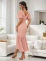 Sheath/Column Chiffon Ruffles V-neck Short Sleeves Asymmetrical Bridesmaid Dresses