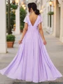 A-Line/Princess Chiffon Ruched V-neck Short Sleeves Floor-Length Bridesmaid Dresses