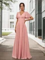 A-Line/Princess Chiffon Ruched V-neck Short Sleeves Floor-Length Bridesmaid Dresses