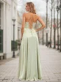 A-line/Princess Silk Like Satin Ruched Spaghetti Straps Sleeveless Floor-Length Corset Bridesmaid Dresses
