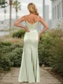 Sheath/Column Silk Like Satin Ruched V-neck Sleeveless Floor-Length Bridesmaid Dresses