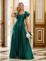 A-line/Princess Silk Like Satin Ruched Sweetheart Short Sleeves Floor-Length Bridesmaid Dresses