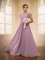 A-line/Princess Chiffon Ruched V-neck Short Sleeves Floor-Length Bridesmaid Dresses
