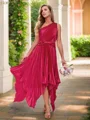 A-line/Princess Silk Like Satin Ruched One-Shoulder Sleeveless Tea-Length Bridesmaid Dresses