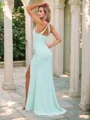 Sheath/Column Chiffon Ruched Spaghetti Straps Sleeveless Sweep/Brush Train Bridesmaid Dresses