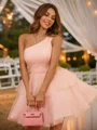 A-Line/Princess Tulle Ruffles One-Shoulder Sleeveless Short/Mini Dresses