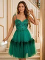 A-Line/Princess Tulle Beading Spaghetti Straps Sleeveless Knee-Length Dresses