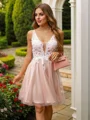 A-Line/Princess Tulle Applique V-neck Sleeveless Short/Mini Dresses
