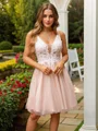A-Line/Princess Tulle Applique V-neck Sleeveless Short/Mini Dresses