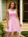 A-Line/Princess Tulle Applique Scoop Sleeveless Short/Mini Dresses