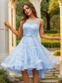 A-Line/Princess Lace Ruffles Scoop Sleeveless Asymmetrical Dresses