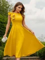A-Line/Princess Stretch Crepe Ruffles Scoop Sleeveless Tea-Length Dresses