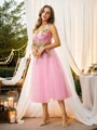 A-Line/Princess Tulle Hand-Made Flower Spaghetti Straps Sleeveless Tea-Length Dresses