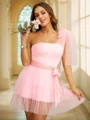 A-Line/Princess Tulle Sash/Ribbon/Belt One-Shoulder Sleeveless Short/Mini Dresses