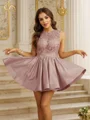A-Line/Princess Charmeuse Lace Scoop Sleeveless Short/Mini Dresses