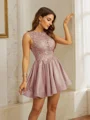 A-Line/Princess Charmeuse Lace Scoop Sleeveless Short/Mini Dresses