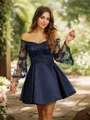 A-Line/Princess Satin Lace Off-the-Shoulder Long Sleeves Short/Mini Dresses