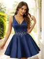A-Line/Princess Satin Applique V-neck Sleeveless Short/Mini Dresses