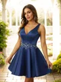 A-Line/Princess Satin Applique V-neck Sleeveless Short/Mini Dresses