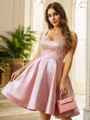 A-Line/Princess Satin Beading Straps Sleeveless Knee-Length Dresses