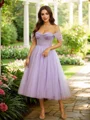 A-Line/Princess Tulle Ruffles Off-the-Shoulder Sleeveless Tea-Length Dresses