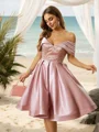 A-Line/Princess Satin Beading Off-the-Shoulder Sleeveless Knee-Length Dresses