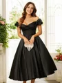 A-Line/Princess Satin Ruched Off-the-Shoulder Sleeveless Tea-Length Dresses