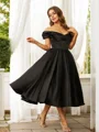 A-Line/Princess Satin Ruched Off-the-Shoulder Sleeveless Tea-Length Dresses