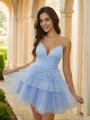 A-Line/Princess Tulle Layers Spaghetti Straps Sleeveless Short/Mini Dresses