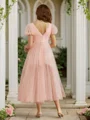 A-Line/Princess Tulle Ruched V-neck Short Sleeves Tea-Length Dresses